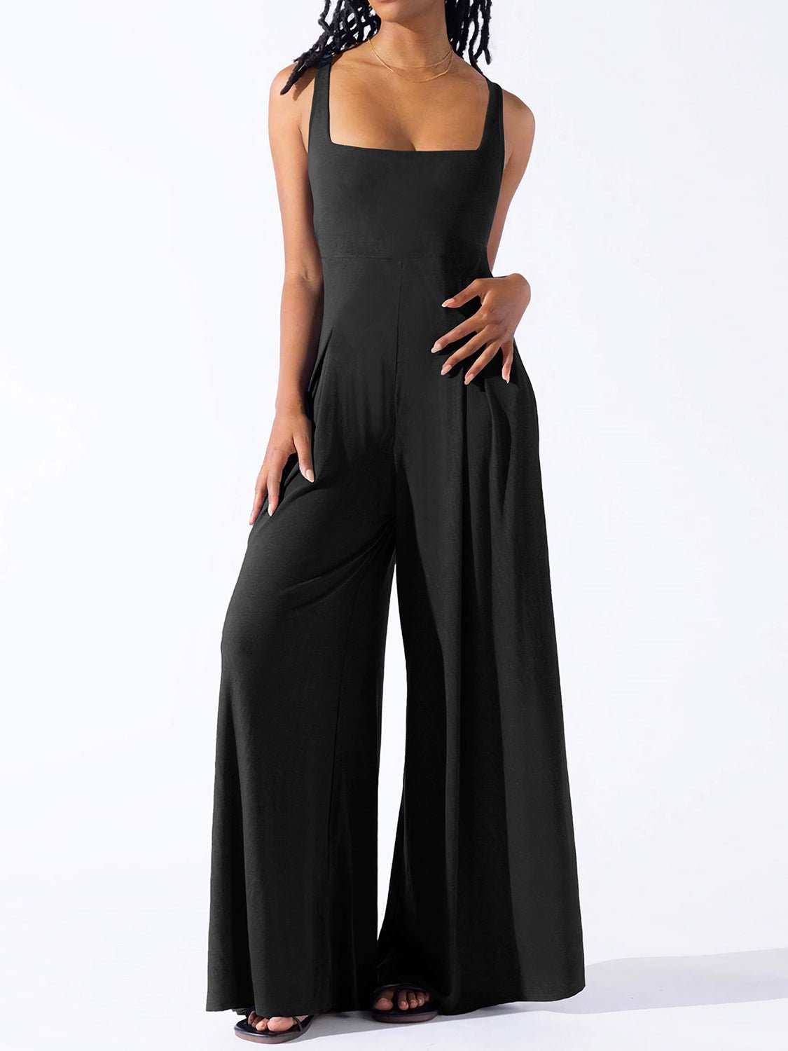 Square Neck Wide Strap Jumpsuit - ViarousViarousViarous