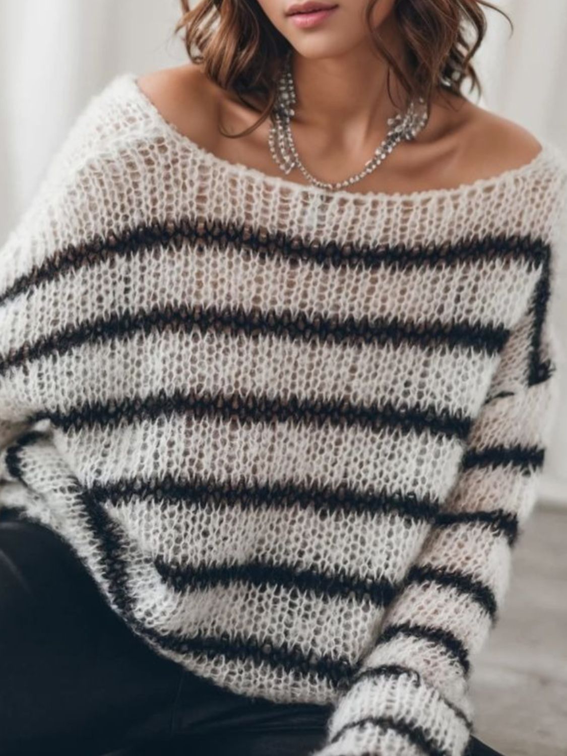 Striped Boat Neck Drop Shoulder Sweater - ViarousViarousViarous