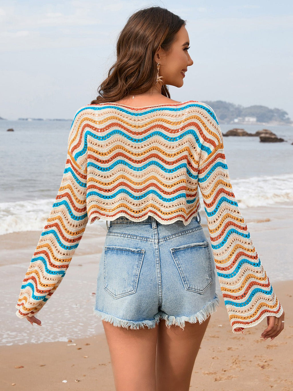 Striped Boat Neck Long Sleeve Cover Up - ViarousViarousViarous