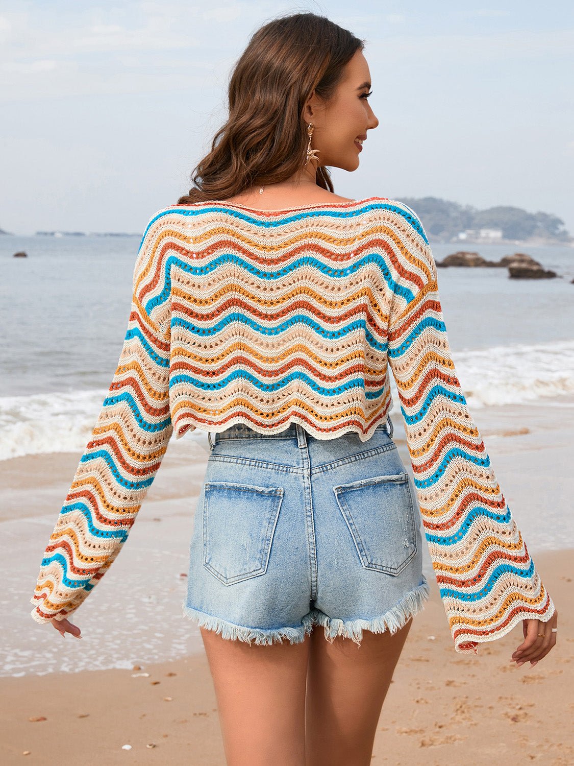 Striped Boat Neck Long Sleeve Cover Up - ViarousViarousViarous