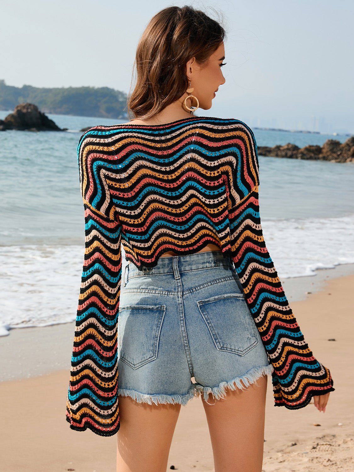 Striped Boat Neck Long Sleeve Cover Up - ViarousViarousViarous