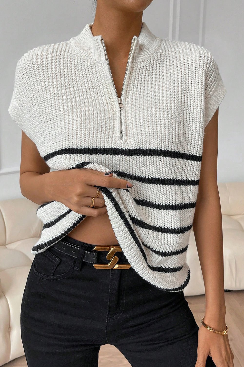 Striped Mock Neck Half Zip Sweater Vest - ViarousViarousViarous