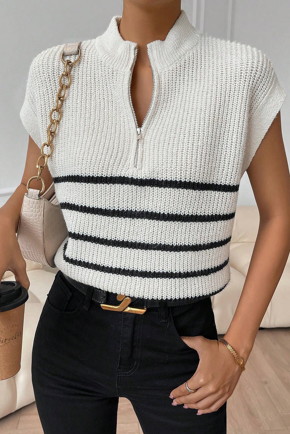 Striped Mock Neck Half Zip Sweater Vest - ViarousViarousViarous