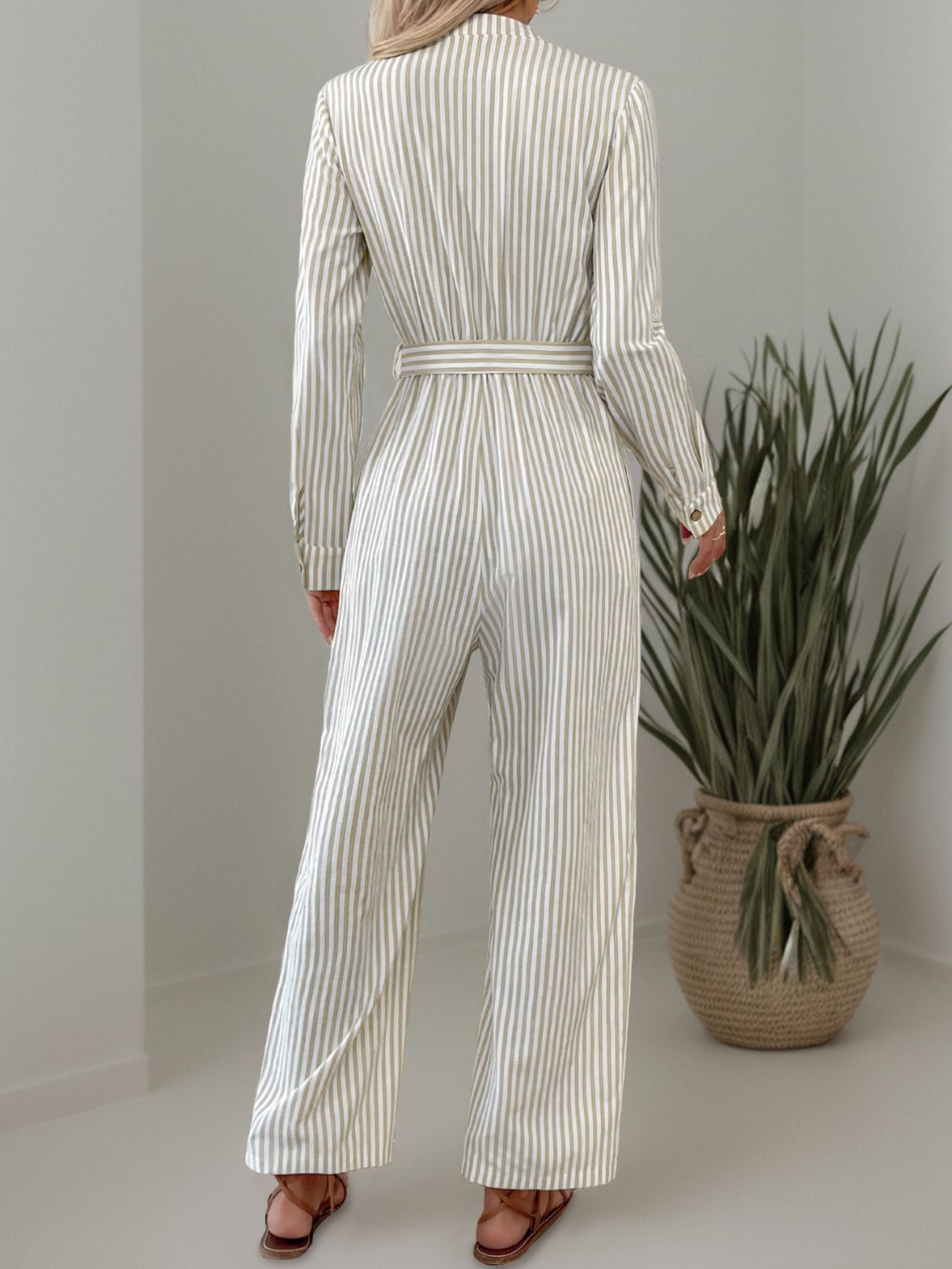 Striped Notched Long Sleeve Tie Waist Jumpsuit - ViarousViarousViarous