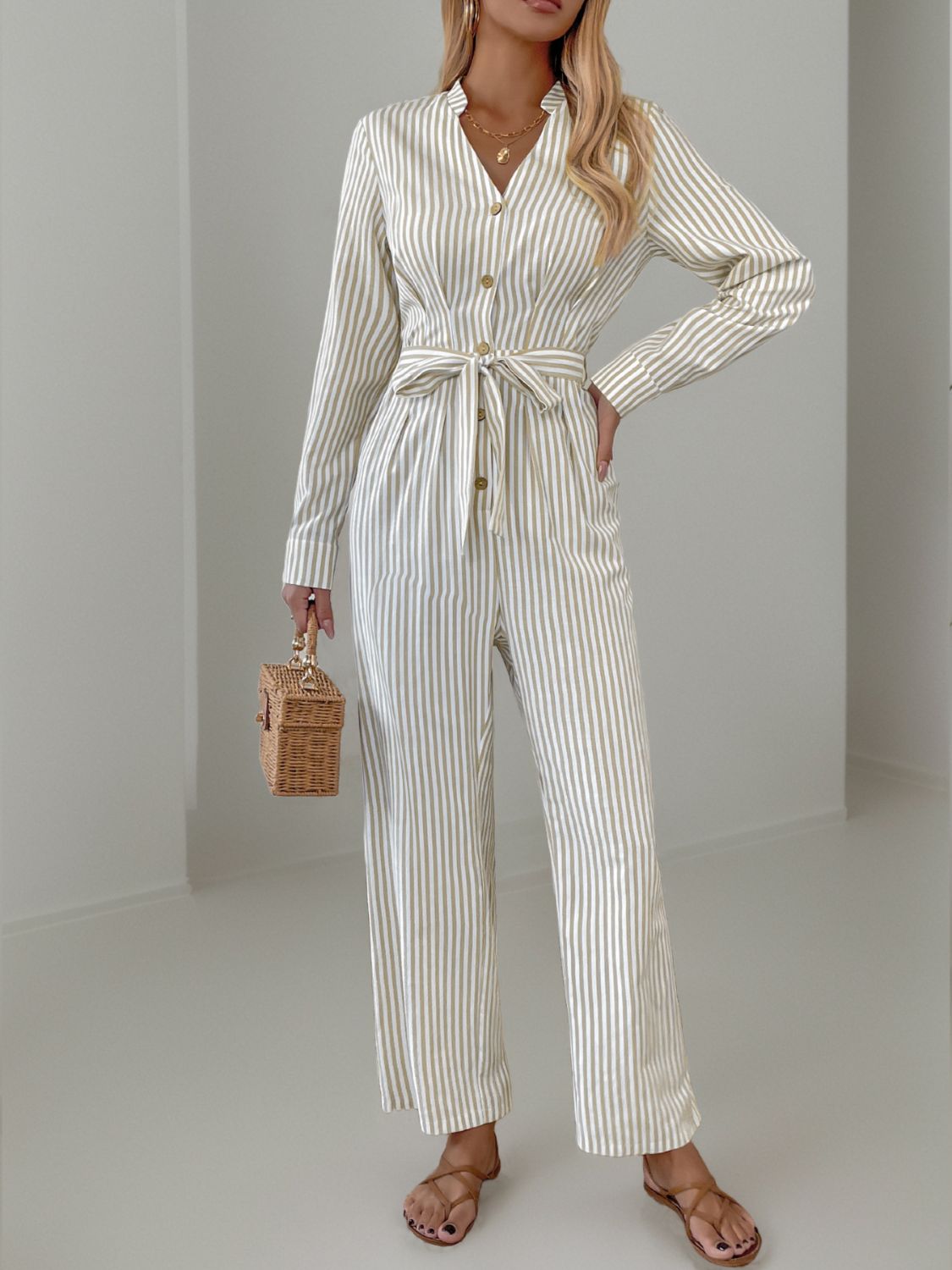 Striped Notched Long Sleeve Tie Waist Jumpsuit - ViarousViarousViarous