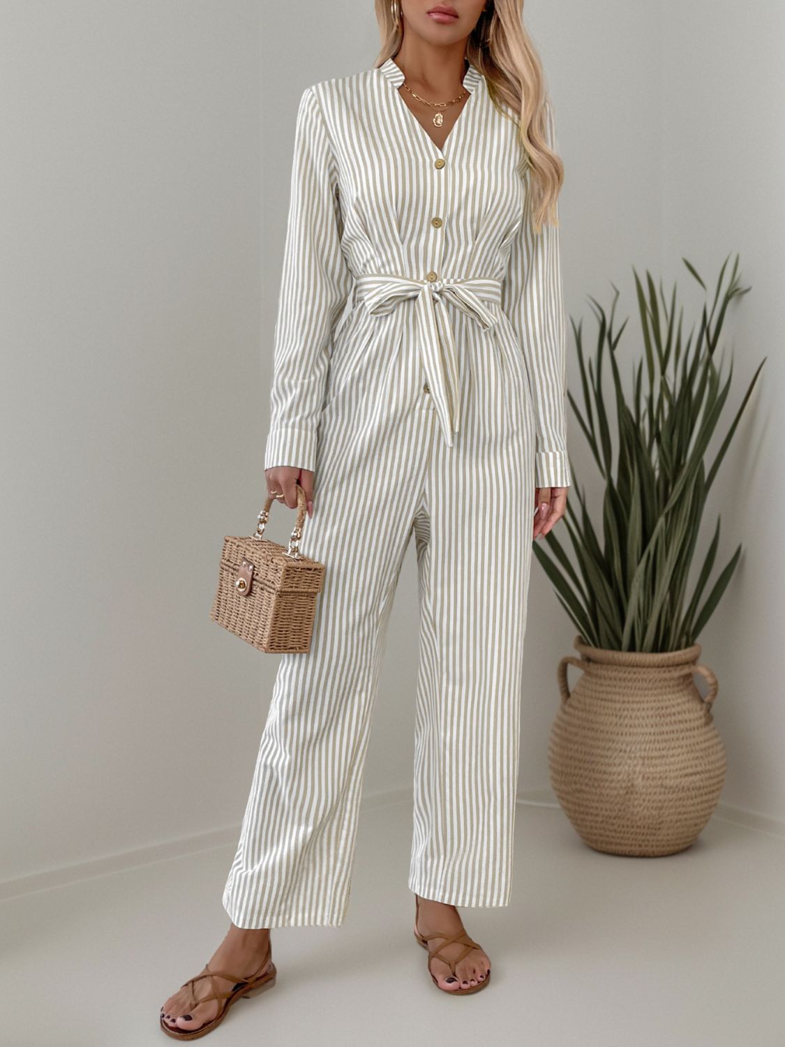 Striped Notched Long Sleeve Tie Waist Jumpsuit - ViarousViarousViarous