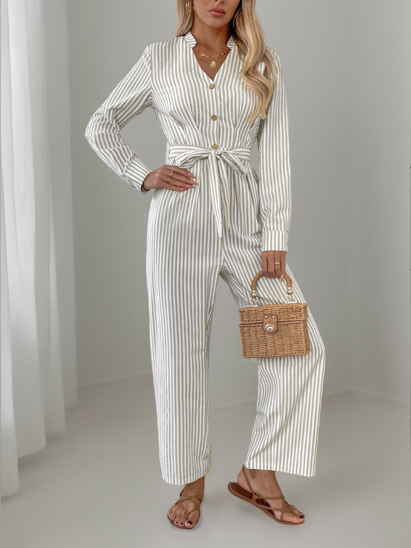 Striped Notched Long Sleeve Tie Waist Jumpsuit - ViarousViarousViarous