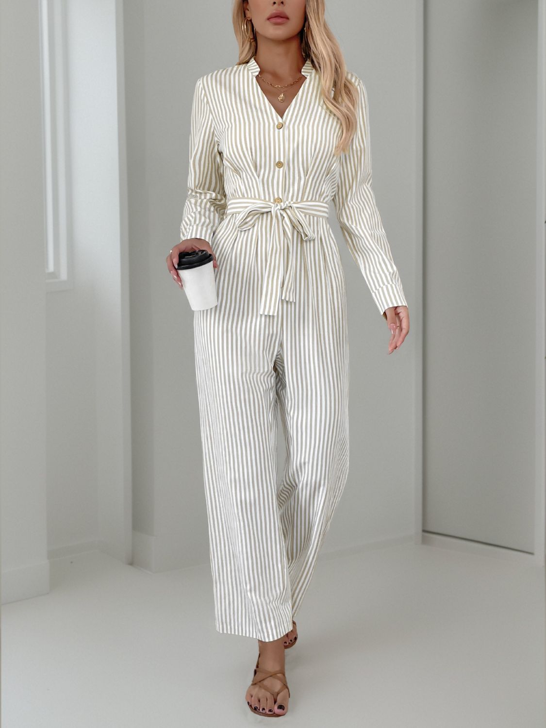 Striped Notched Long Sleeve Tie Waist Jumpsuit - ViarousViarousViarous