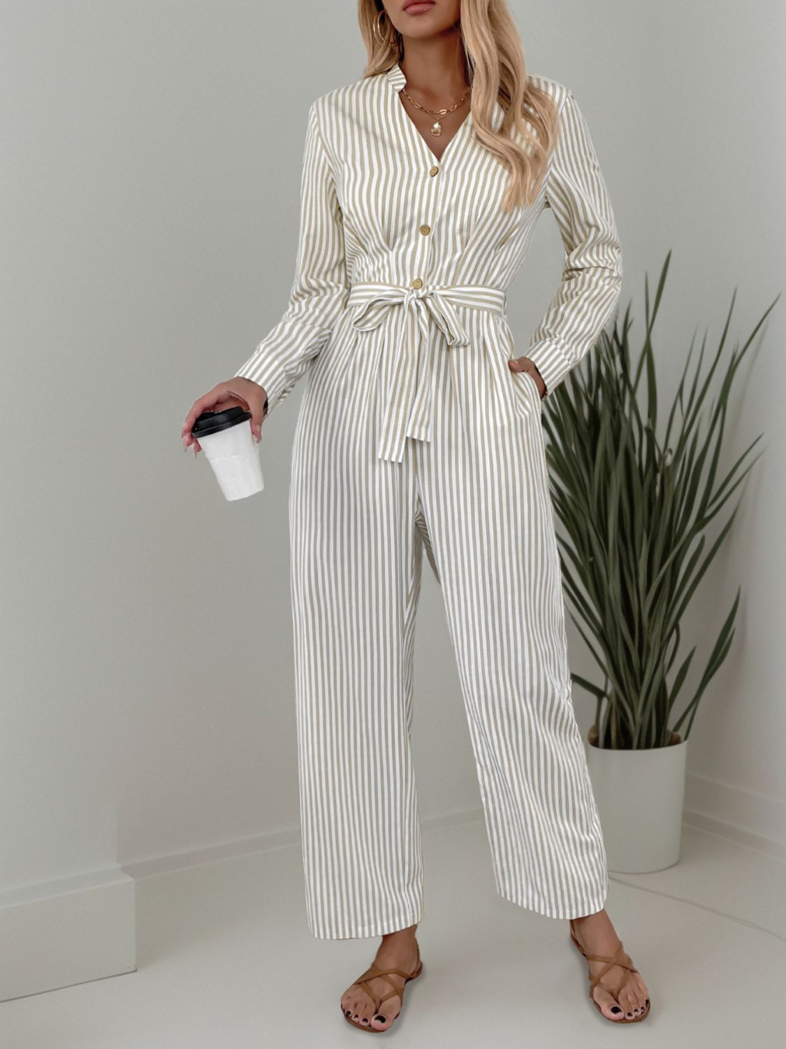 Striped Notched Long Sleeve Tie Waist Jumpsuit - ViarousViarousViarous