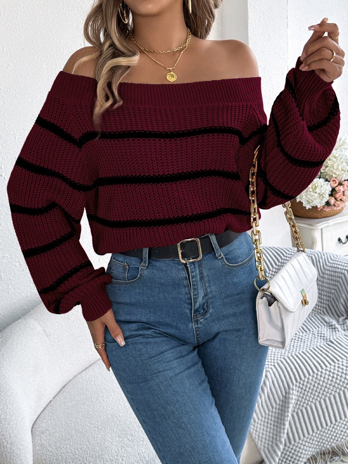 Striped Off - Shoulder Long Sleeve Sweater - ViarousViarousViarous