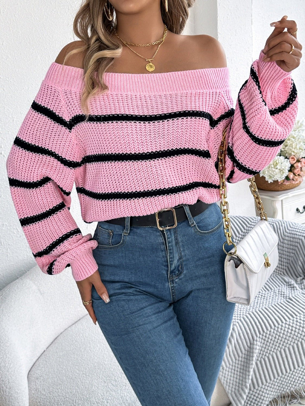 Striped Off - Shoulder Long Sleeve Sweater - ViarousViarousViarous