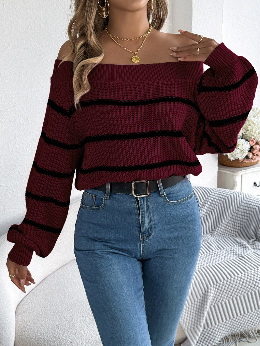 Striped Off - Shoulder Long Sleeve Sweater - ViarousViarousViarous