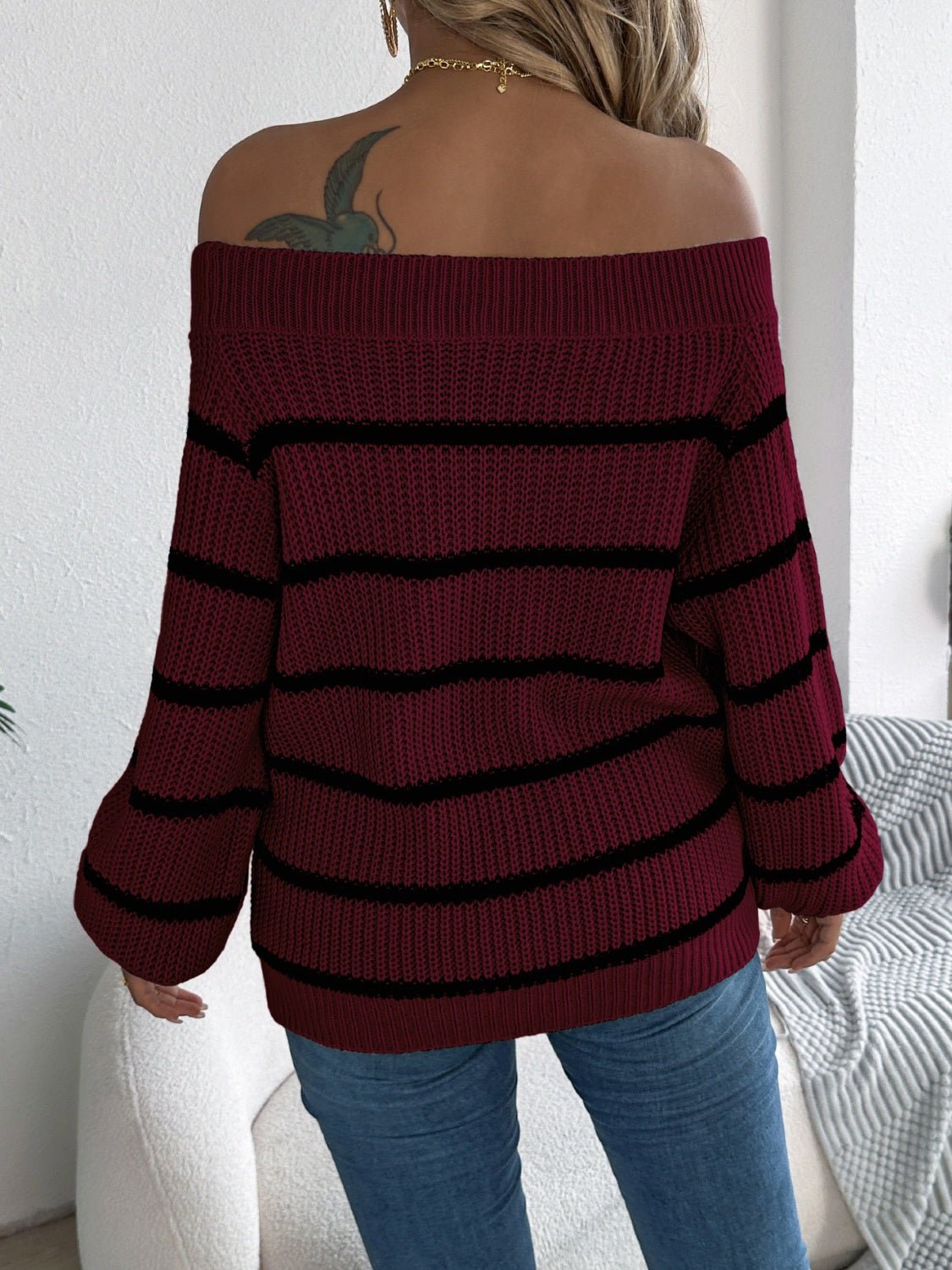 Striped Off - Shoulder Long Sleeve Sweater - ViarousViarousViarous