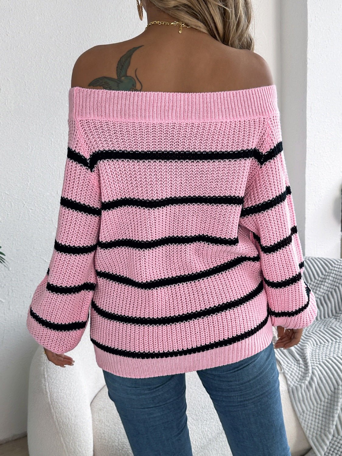 Striped Off - Shoulder Long Sleeve Sweater - ViarousViarousViarous