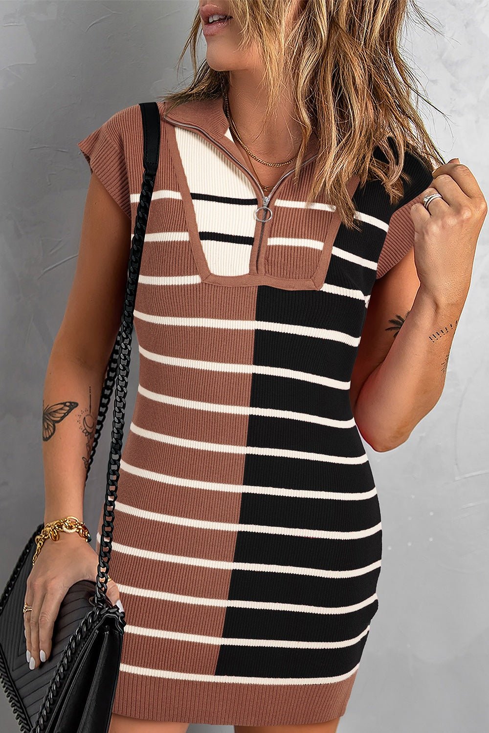 Striped Quarter Zip Cap Sleeve Sweater Dress - ViarousViarousViarous
