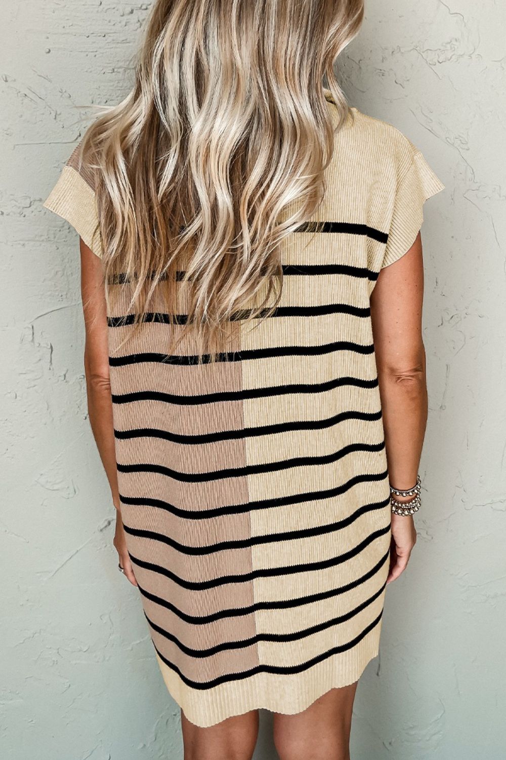 Striped Quarter Zip Cap Sleeve Sweater Dress - ViarousViarousViarous