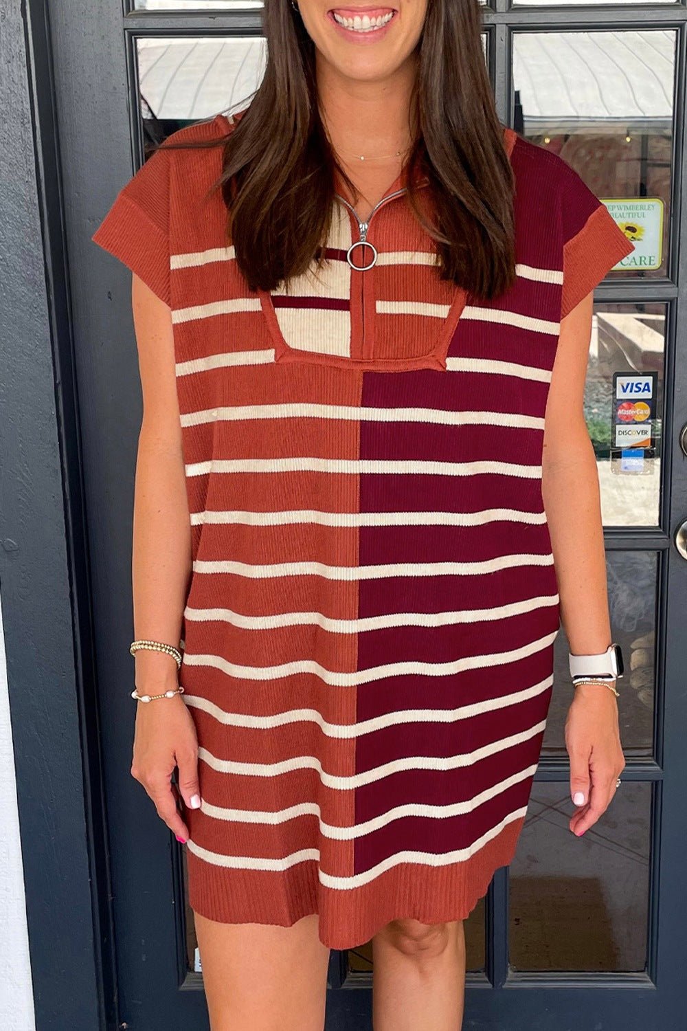 Striped Quarter Zip Cap Sleeve Sweater Dress - ViarousViarousViarous