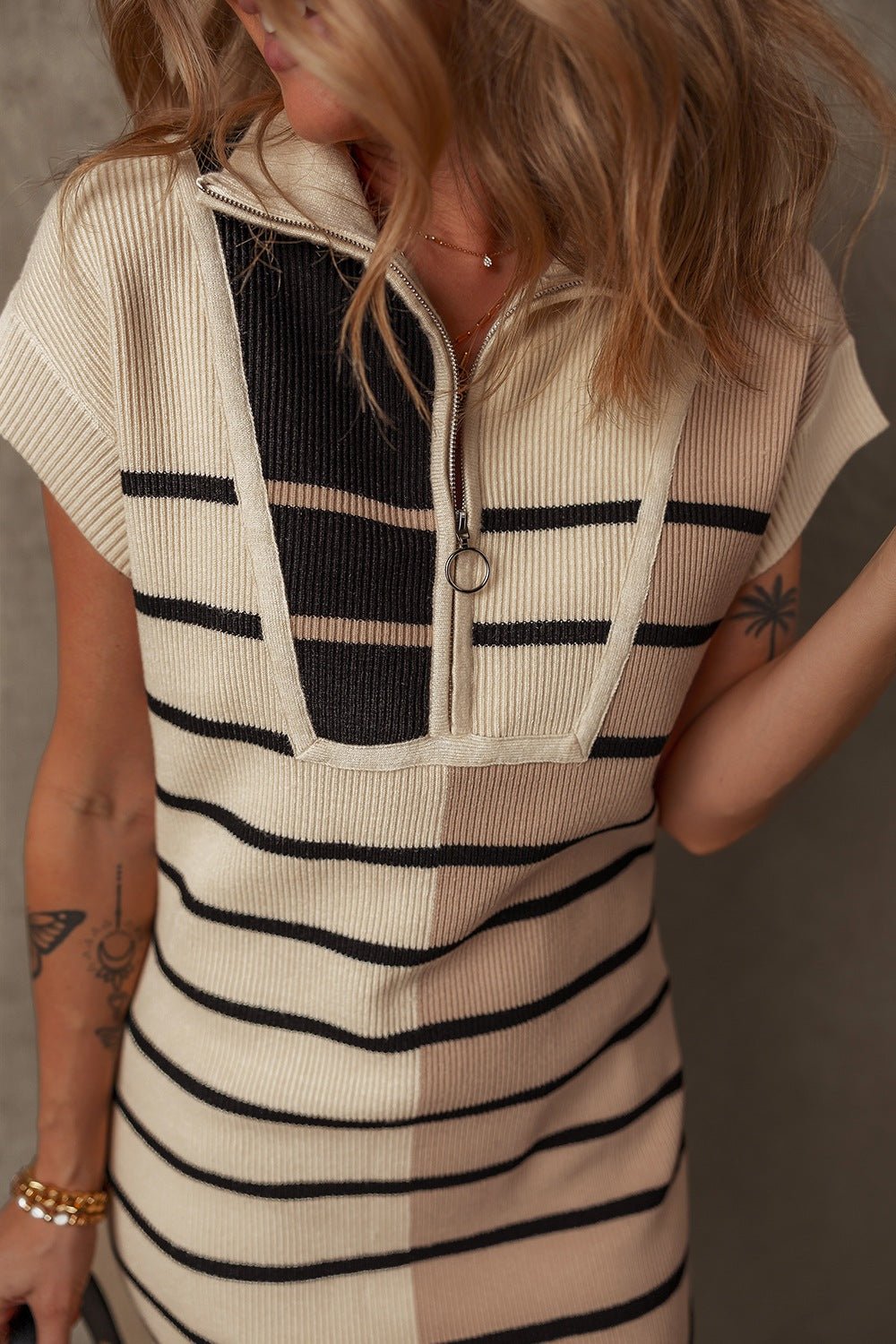 Striped Quarter Zip Cap Sleeve Sweater Dress - ViarousViarousViarous