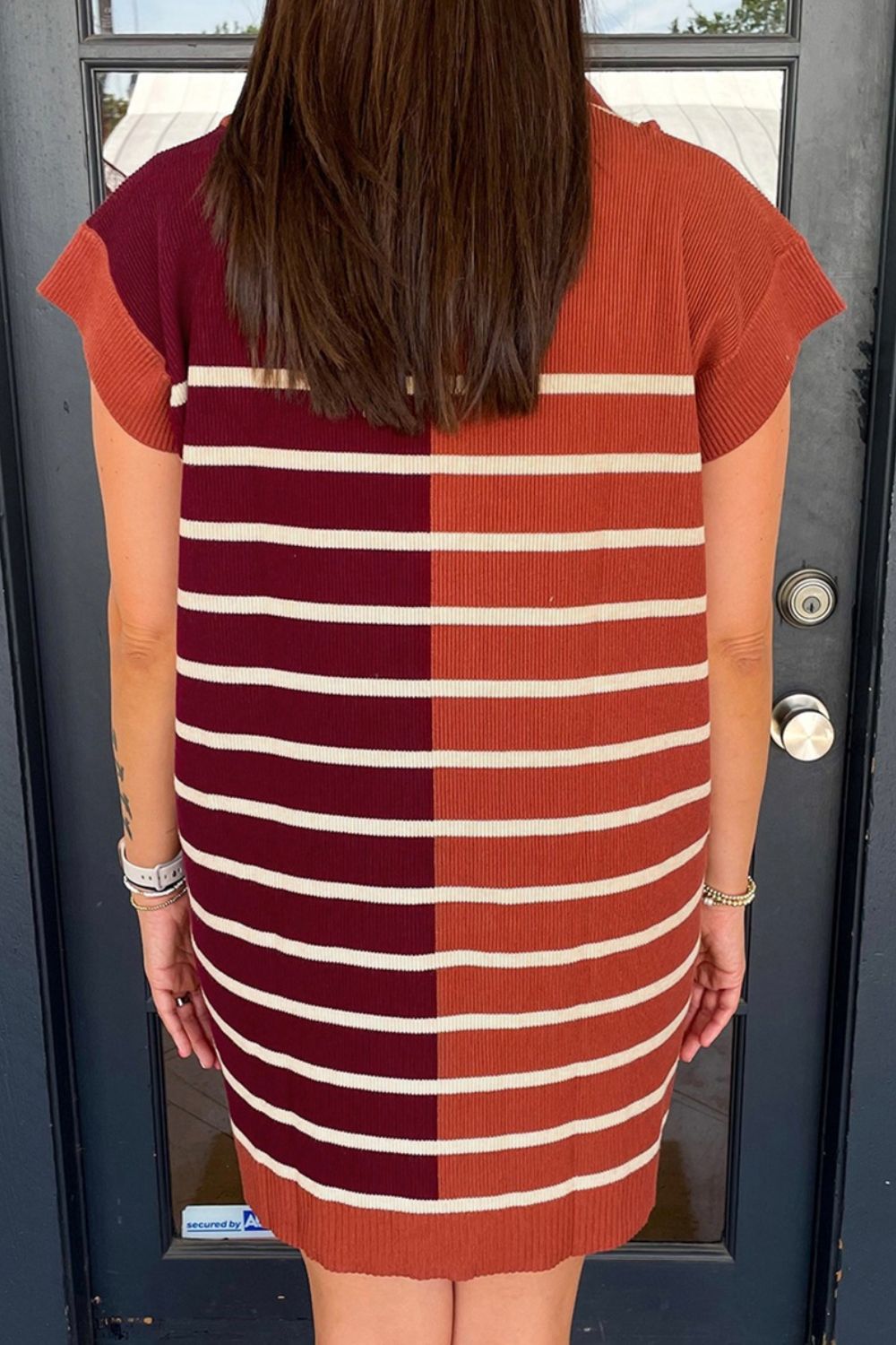 Striped Quarter Zip Cap Sleeve Sweater Dress - ViarousViarousViarous