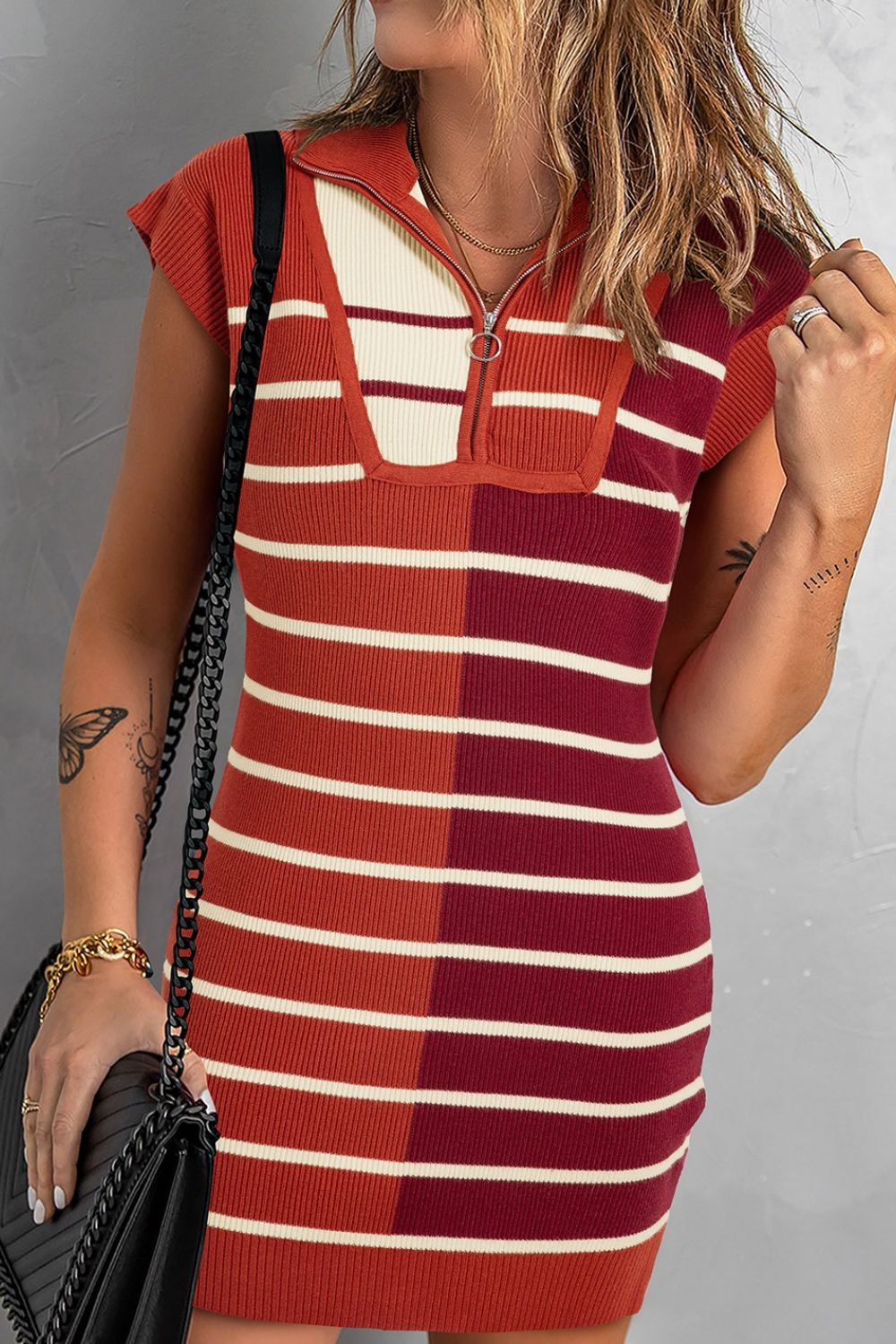 Striped Quarter Zip Cap Sleeve Sweater Dress - ViarousViarousViarous