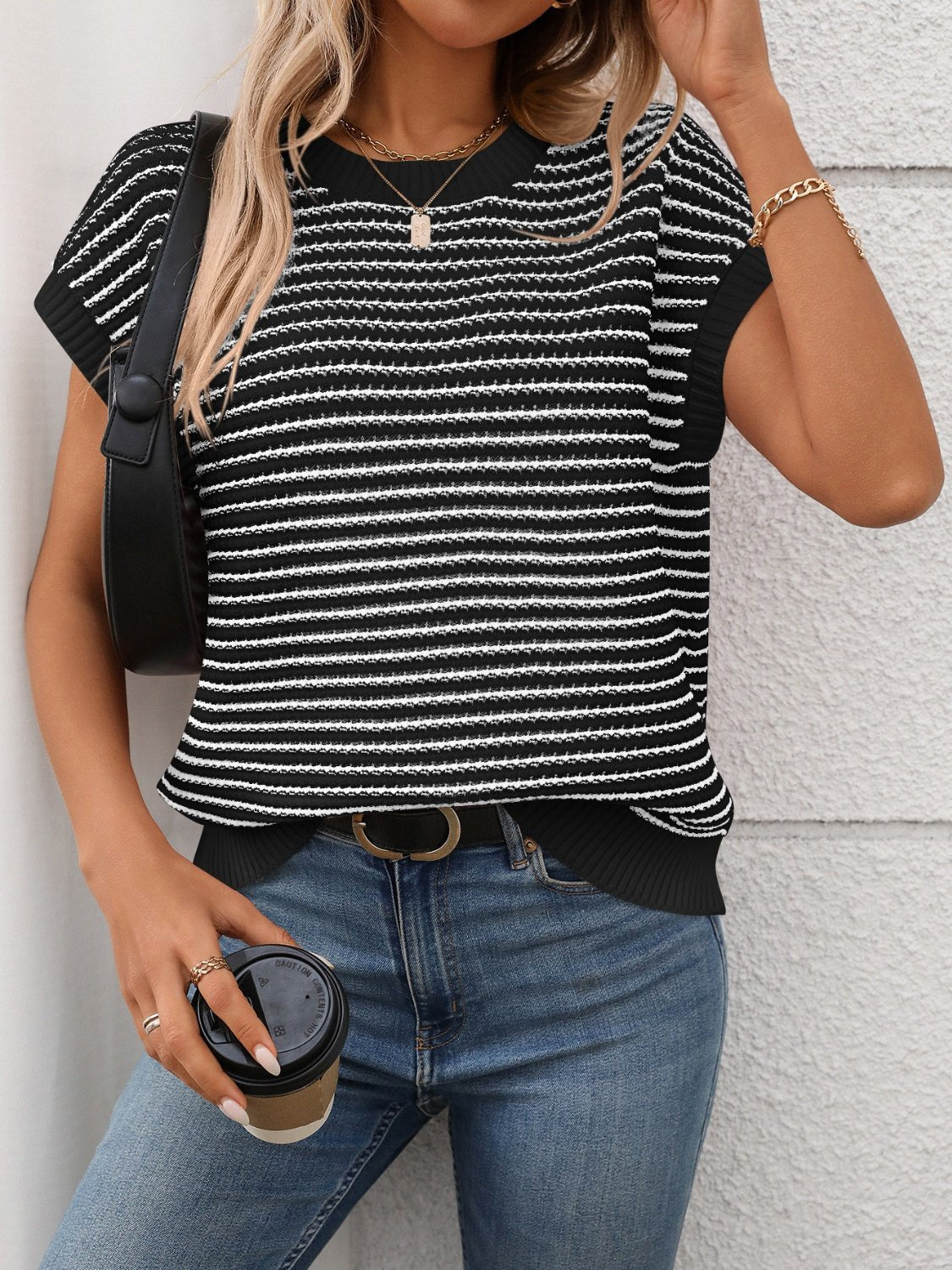 Striped Round Neck Short Sleeve Knit Top - ViarousViarousViarous