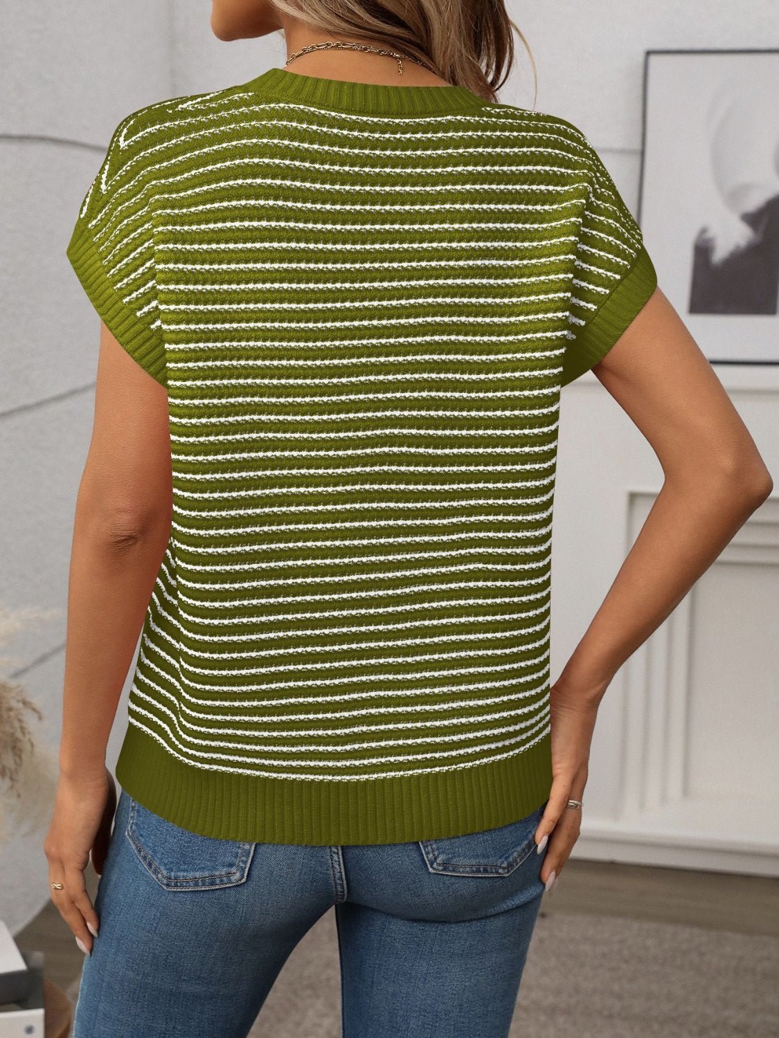 Striped Round Neck Short Sleeve Knit Top - ViarousViarousViarous