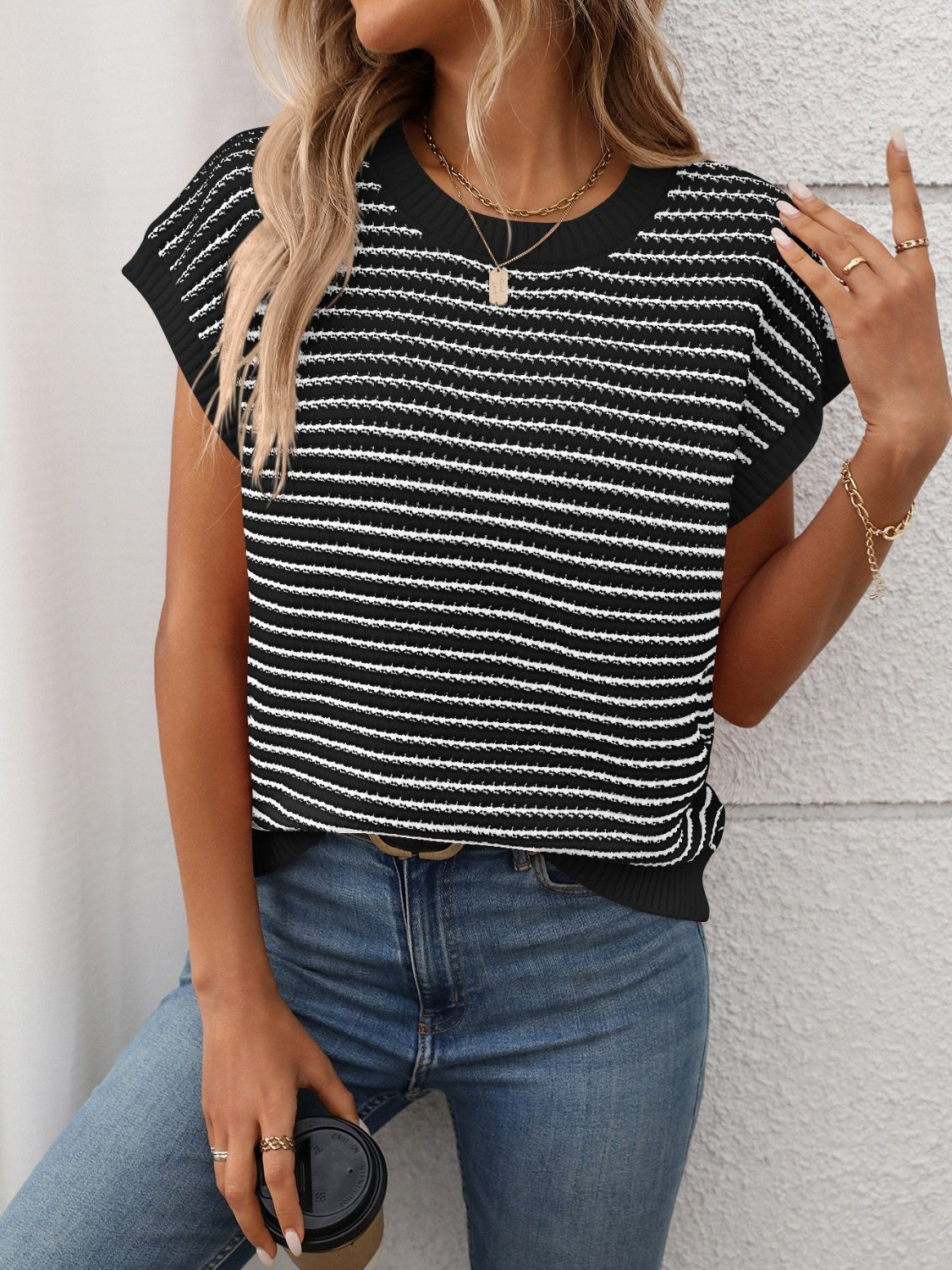 Striped Round Neck Short Sleeve Knit Top - ViarousViarousViarous