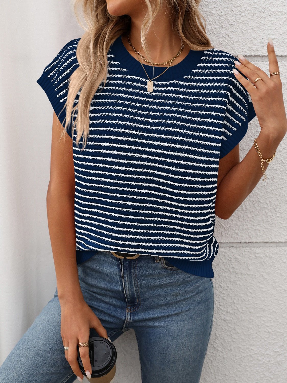 Striped Round Neck Short Sleeve Knit Top - ViarousViarousViarous