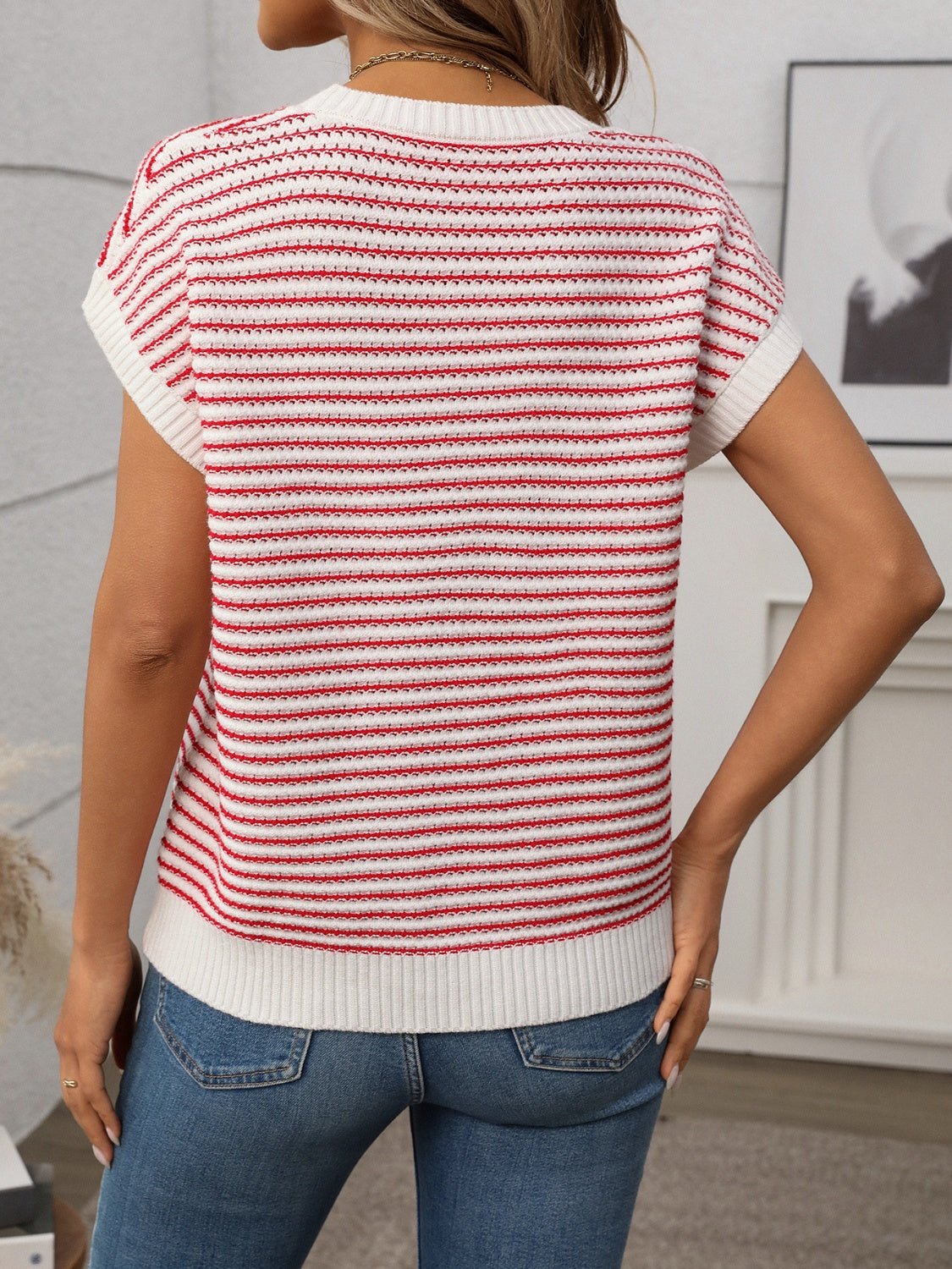 Striped Round Neck Short Sleeve Knit Top - ViarousViarousViarous