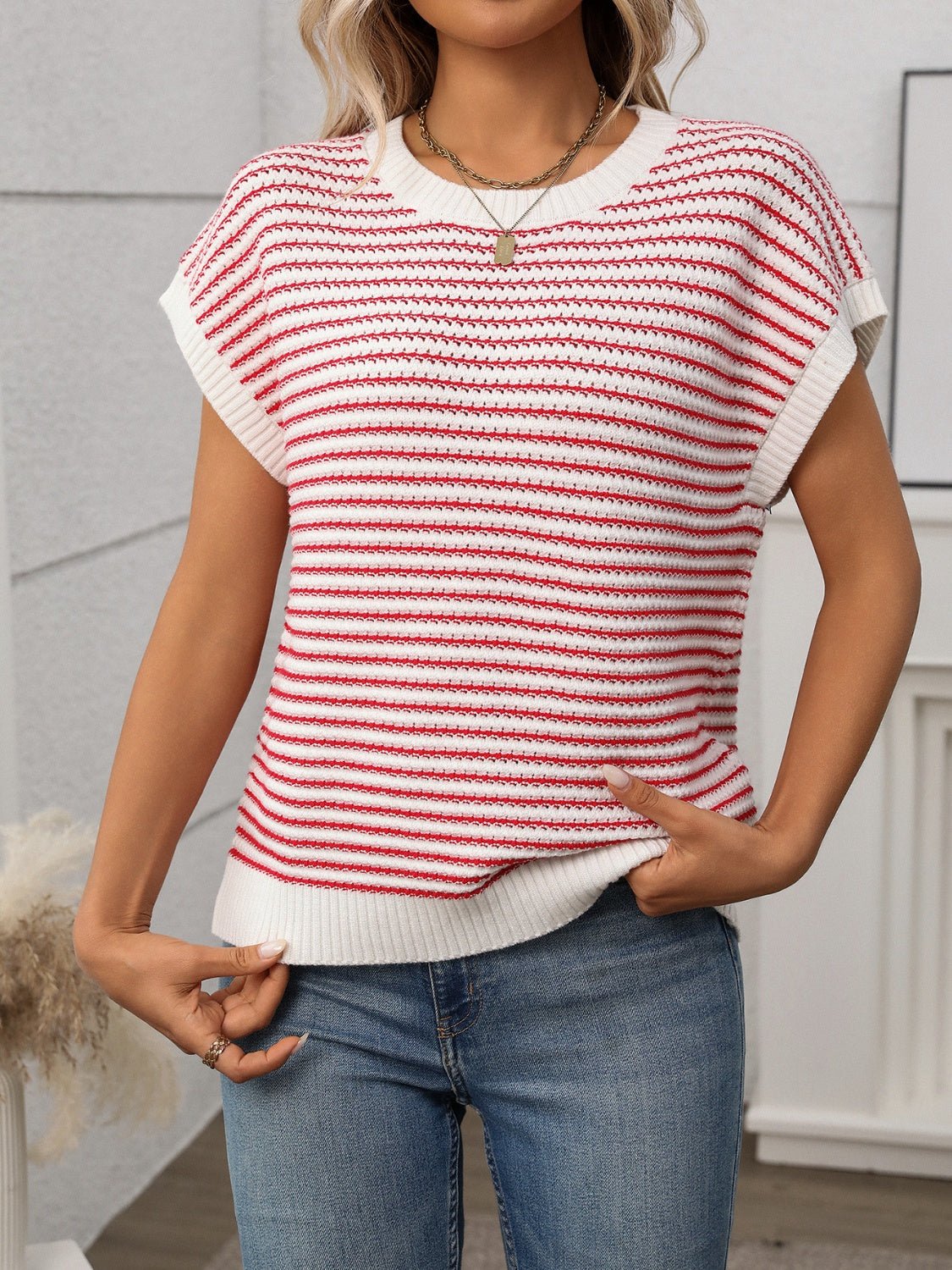 Striped Round Neck Short Sleeve Knit Top - ViarousViarousViarous
