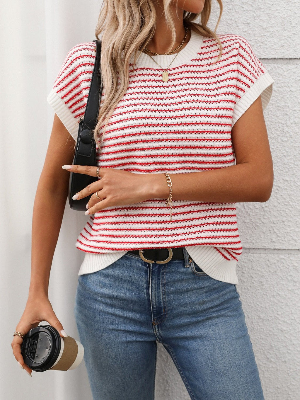 Striped Round Neck Short Sleeve Knit Top - ViarousViarousViarous