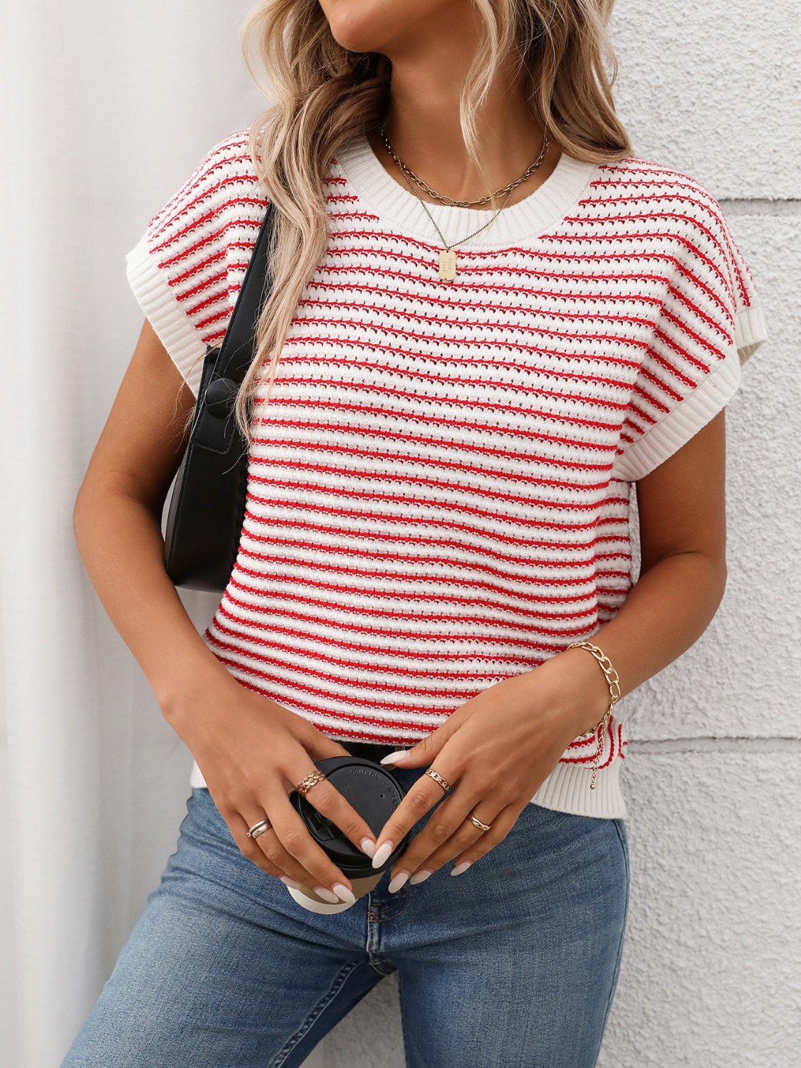 Striped Round Neck Short Sleeve Knit Top - ViarousViarousViarous