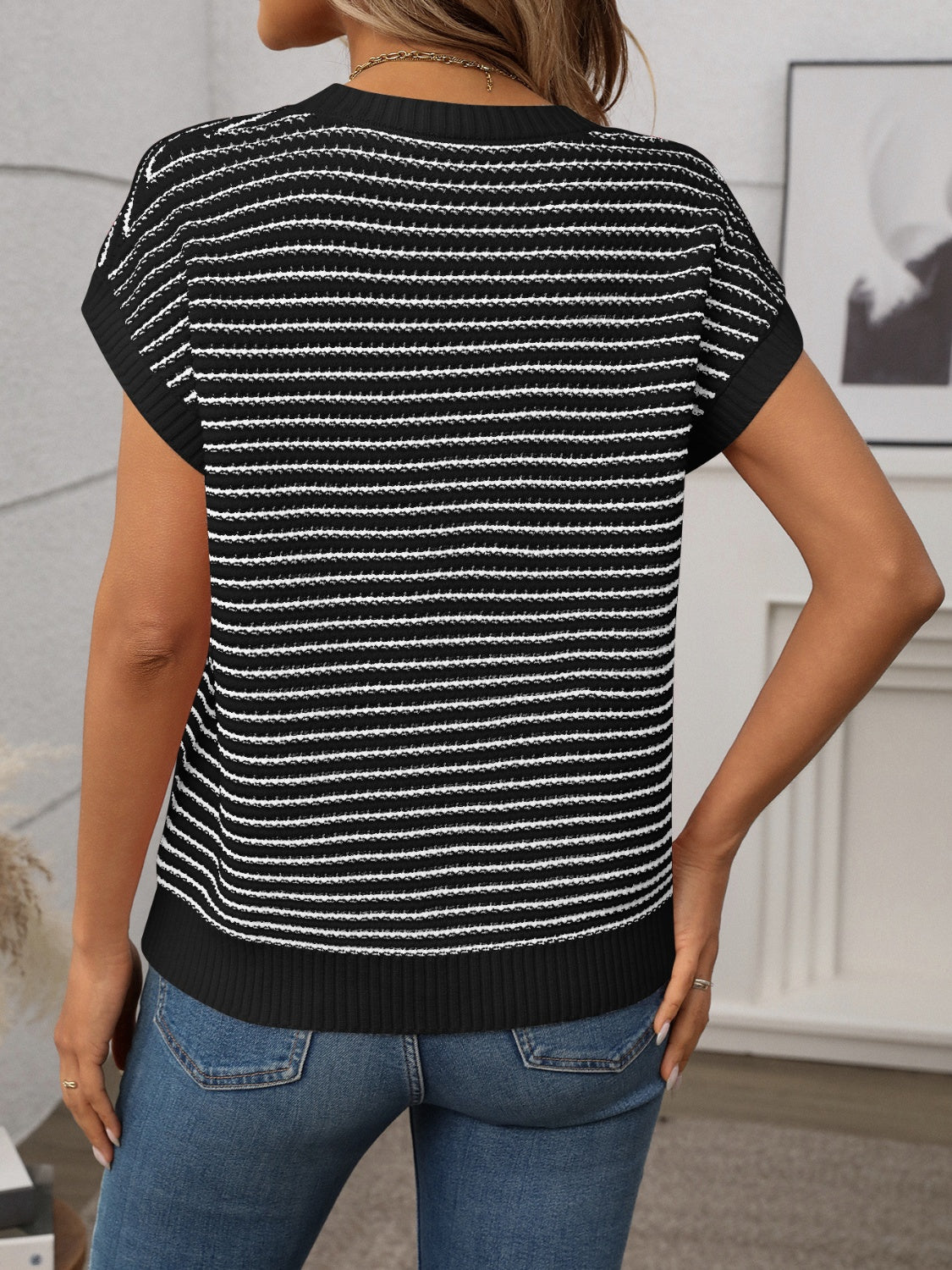 Striped Round Neck Short Sleeve Knit Top - ViarousViarousViarous