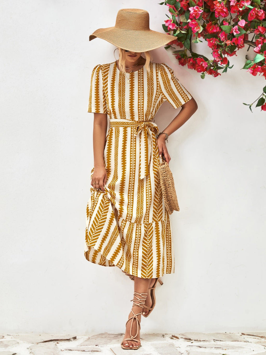 Striped Tie Belt Round Neck Puff Sleeve Dress - ViarousViarousViarous