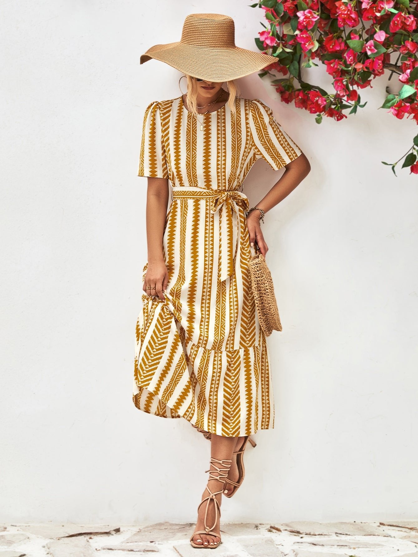 Striped Tie Belt Round Neck Puff Sleeve Dress - ViarousViarousViarous