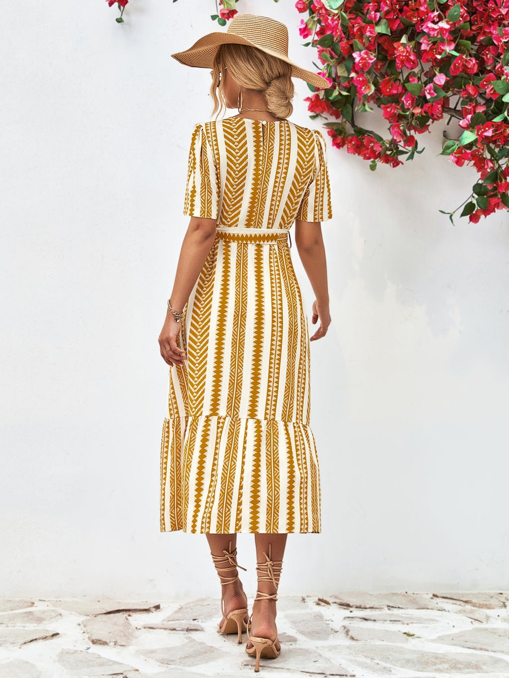 Striped Tie Belt Round Neck Puff Sleeve Dress - ViarousViarousViarous