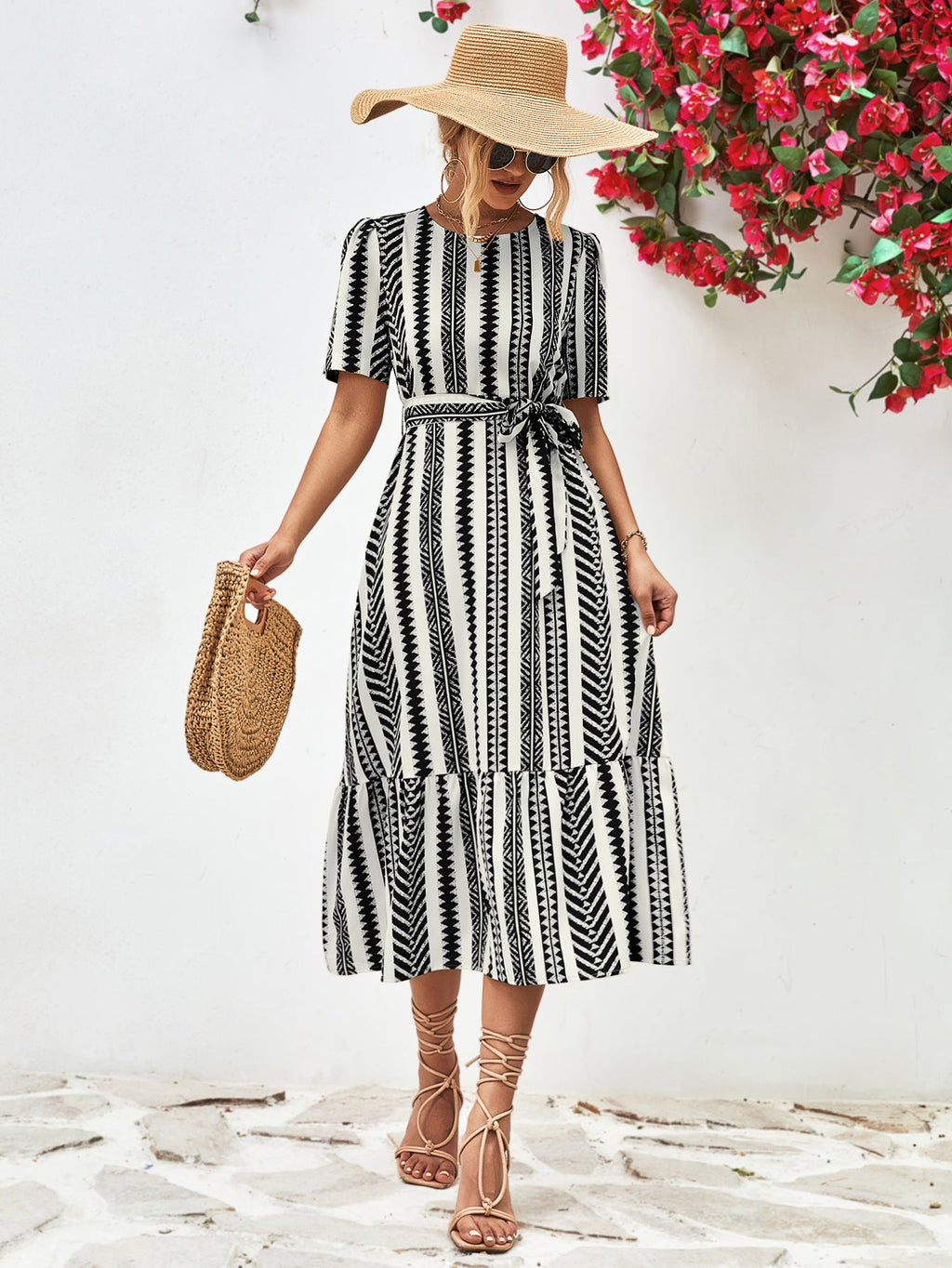 Striped Tie Belt Round Neck Puff Sleeve Dress - ViarousViarousViarous