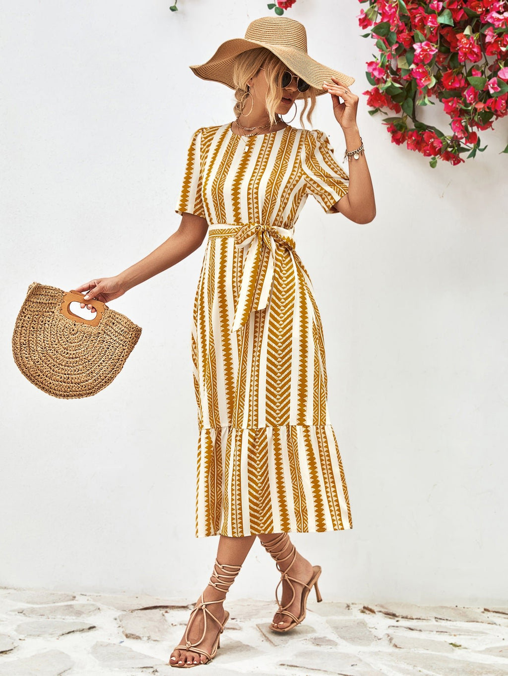 Striped Tie Belt Round Neck Puff Sleeve Dress - ViarousViarousViarous