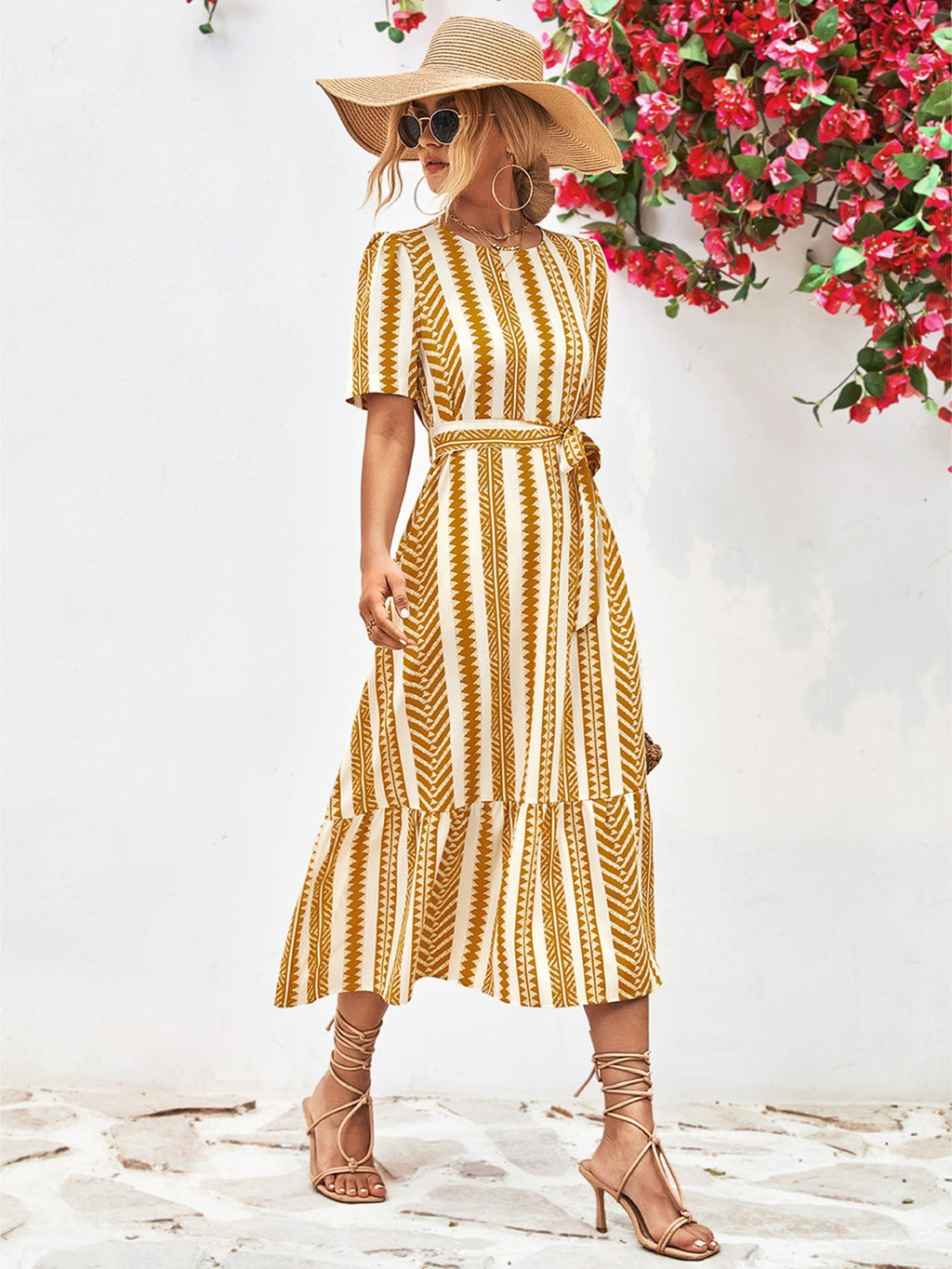Striped Tie Belt Round Neck Puff Sleeve Dress - ViarousViarousViarous