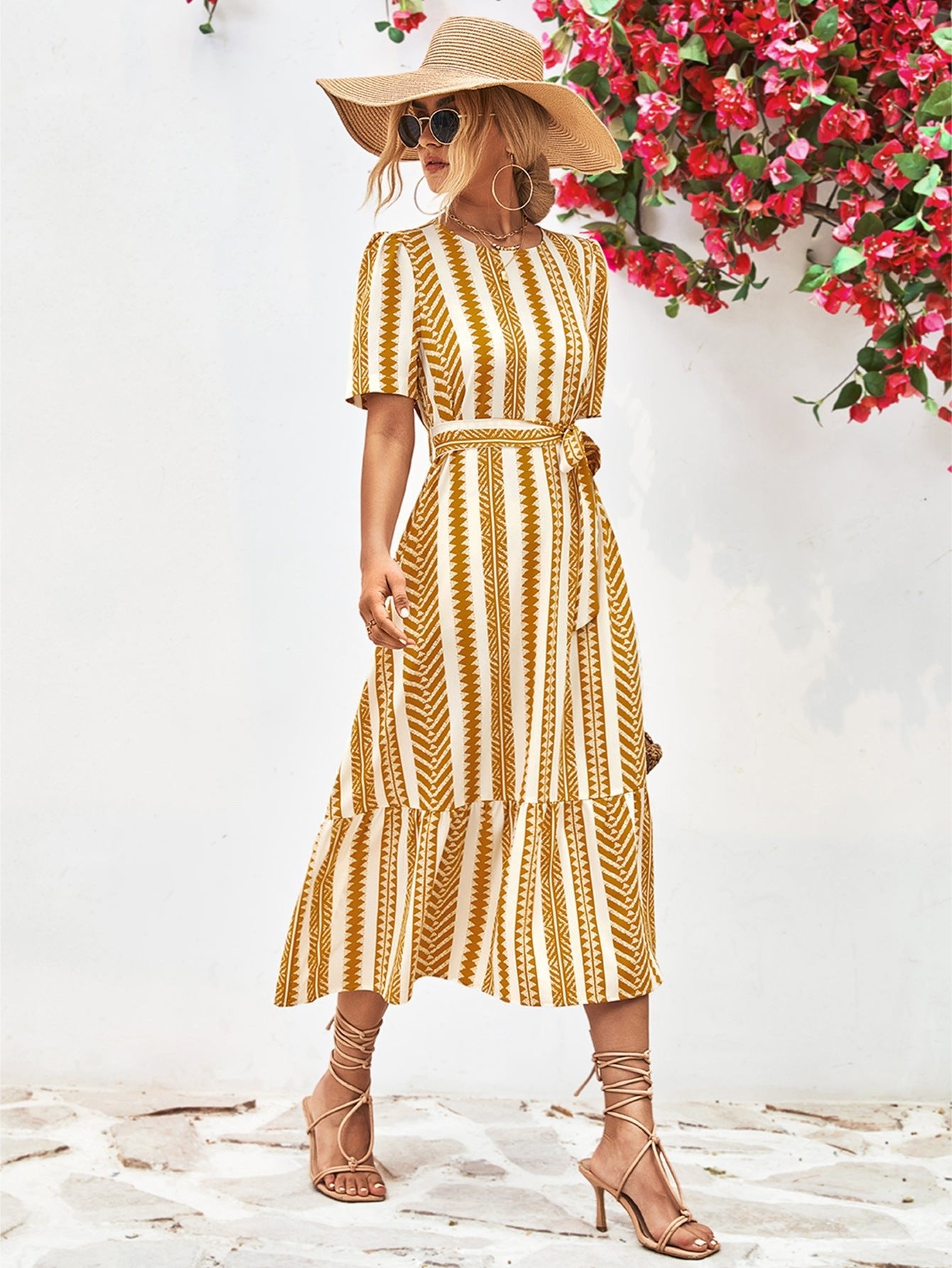 Striped Tie Belt Round Neck Puff Sleeve Dress - ViarousViarousViarous