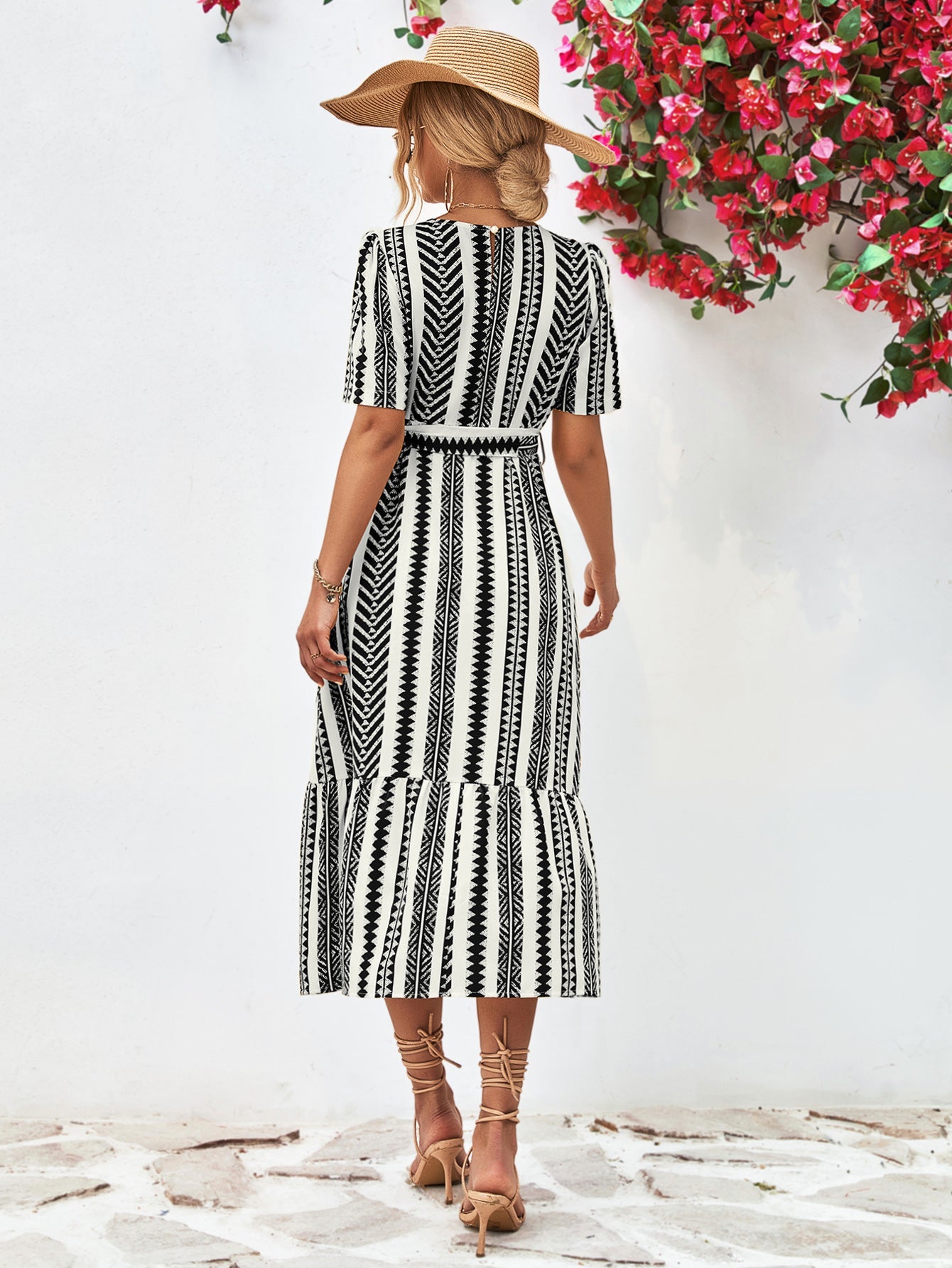 Striped Tie Belt Round Neck Puff Sleeve Dress - ViarousViarousViarous