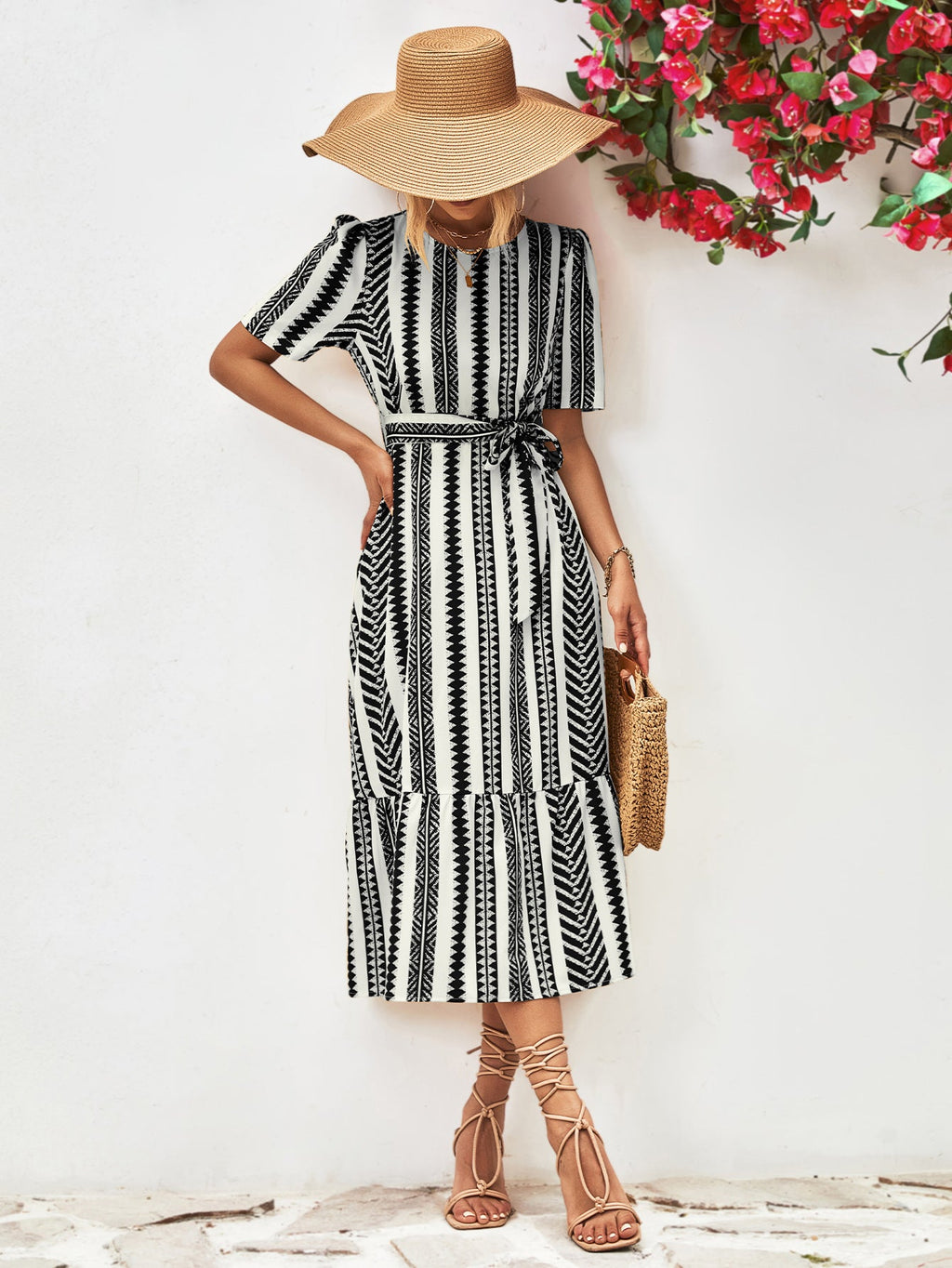 Striped Tie Belt Round Neck Puff Sleeve Dress - ViarousViarousViarous