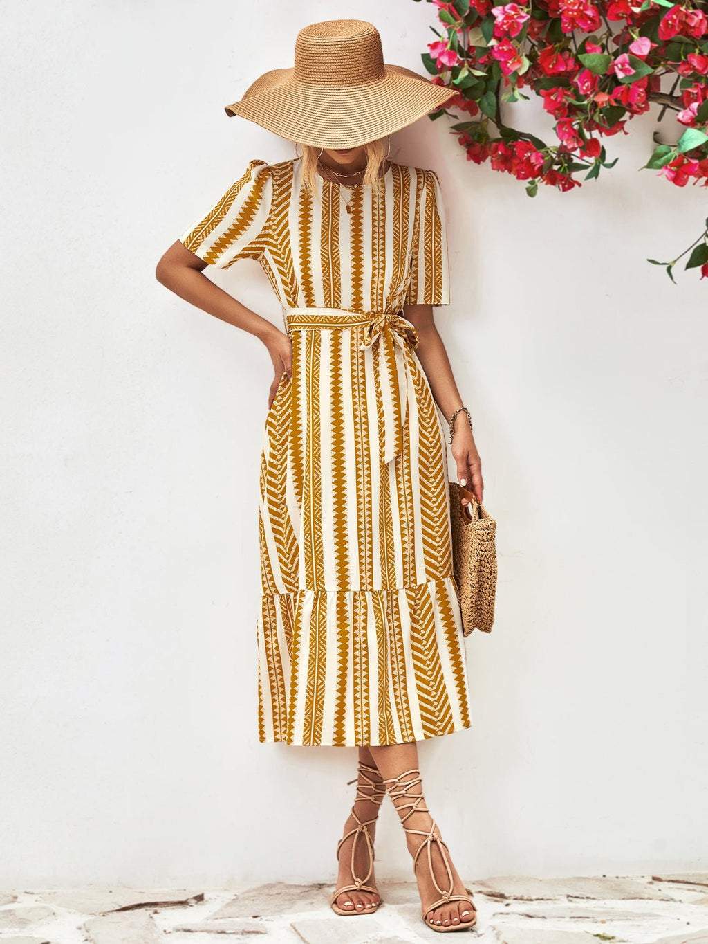 Striped Tie Belt Round Neck Puff Sleeve Dress - ViarousViarousViarous