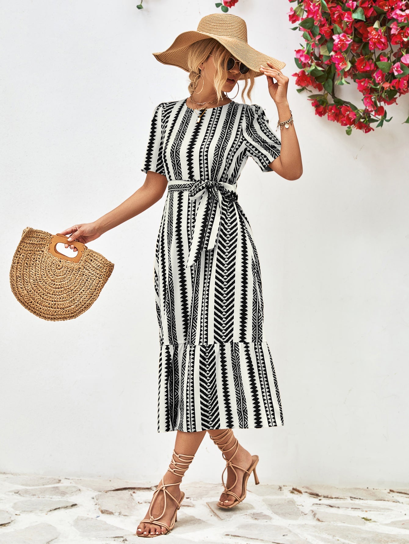 Striped Tie Belt Round Neck Puff Sleeve Dress - ViarousViarousViarous