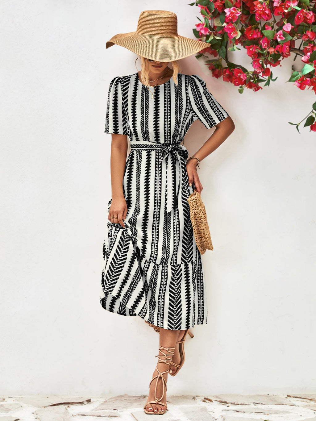 Striped Tie Belt Round Neck Puff Sleeve Dress - ViarousViarousViarous