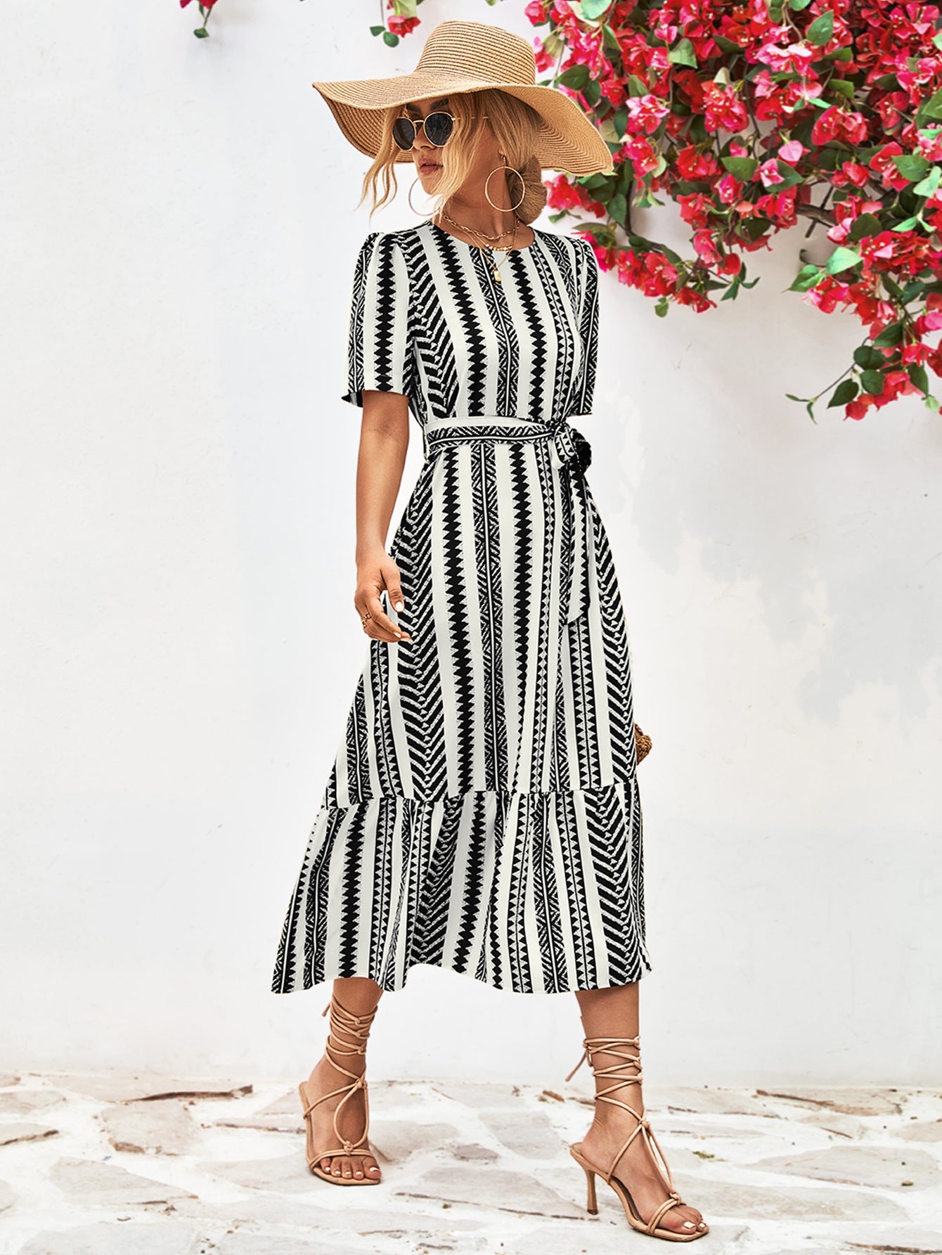 Striped Tie Belt Round Neck Puff Sleeve Dress - ViarousViarousViarous