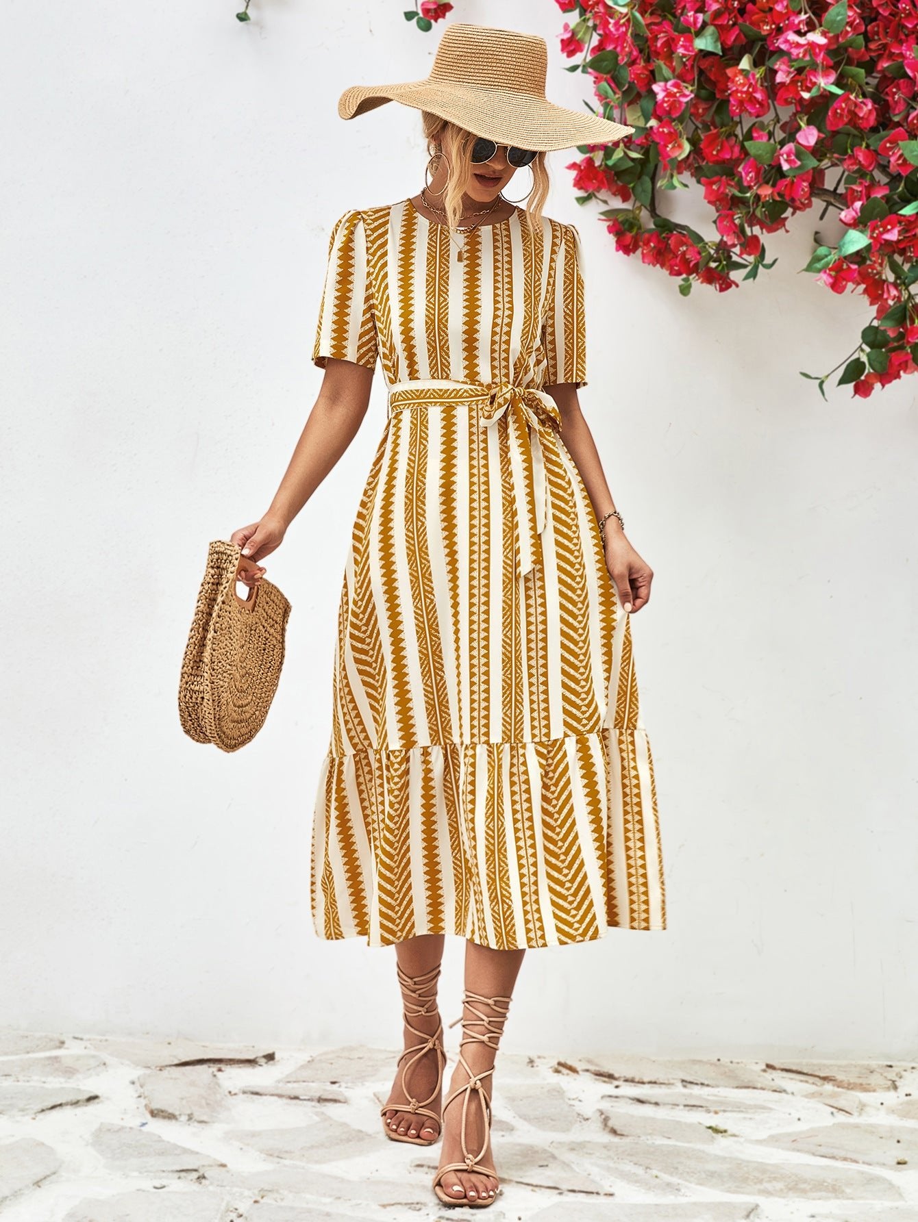 Striped Tie Belt Round Neck Puff Sleeve Dress - ViarousViarousViarous