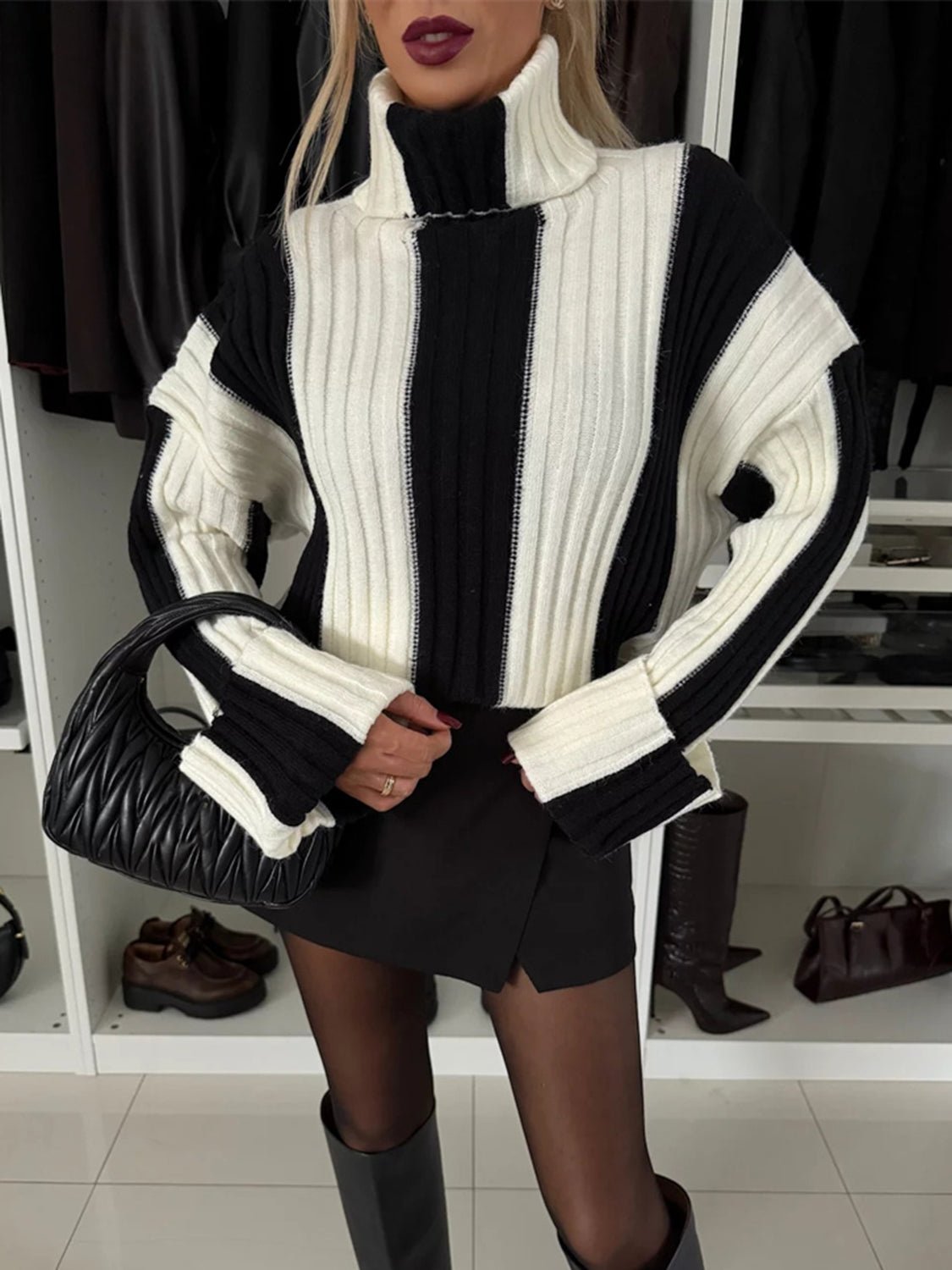 Striped Turtleneck Dropped Shoulder Sweater - ViarousViarousViarous