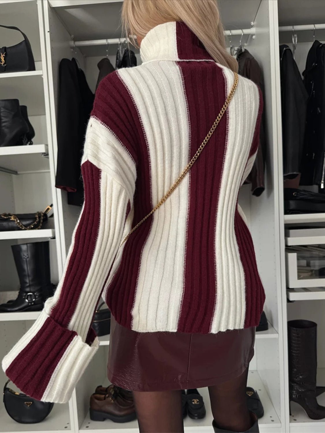 Striped Turtleneck Dropped Shoulder Sweater - ViarousViarousViarous