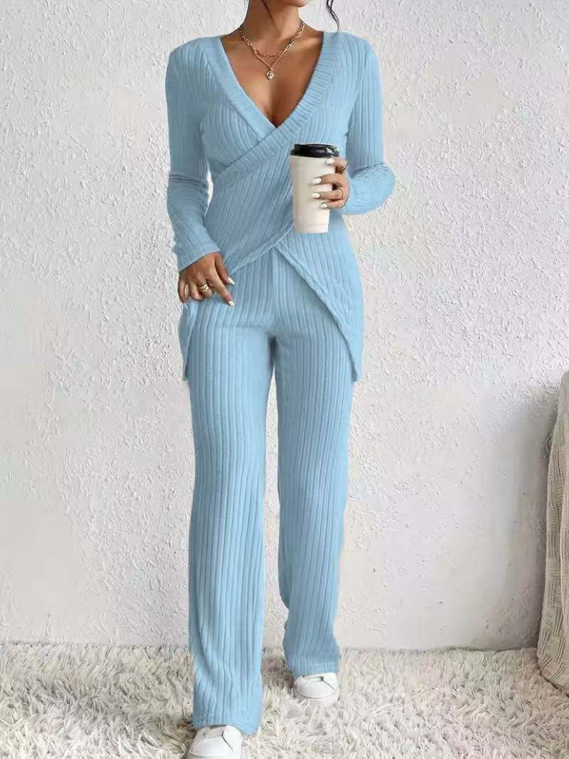 Surplice Long Sleeve Top and Pants Set - ViarousViarousViarous
